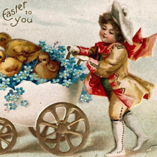 Postcard EASTER Chicks in Egg Wagon Pushed by Child Embossed Germany 1908 picture