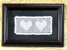 Framed HEARTS FILET  LACE Vintage Antique Hand Crocheted ~~ sweet wedding gift picture