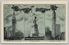 Greetings From NY~Metropolitan Life Bldg~Statue Of Liberty~Woolworth Bldg~Vtg PC picture