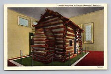 c1937 Linen Postcard Lincoln Memorial KY Kentucky Lincoln Birthplace Log Cabin picture