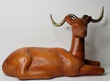 Vintage Carved Wood and Brass Metal Antlers/Horns Recumbent Gazelle 11 1/8