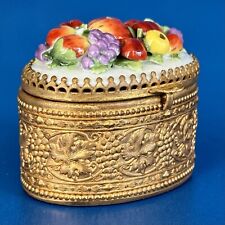 ANTIQUE-ELFINWARE PORCELAIN-GOLD GILT BRASS-FRUIT MOTIF-TRINKET BOX-PATCH BOX picture