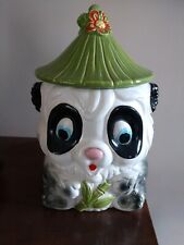 Vintage Japan Panda Bear Cookie Jar w/ Green Hat Bamboo Orange Flower picture
