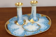 4 Pc Antique Hand Painted China Vanity Set BLUE Forget-Me-Nots Limoges Gold Trim picture