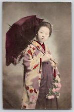 Japanese Geisha Kimono Umbrella Hand Colored Tinted Antique UDB Postcard Japan picture