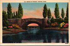 Boston MA Bridge Fenway Evening View Back Bay Fens Pink Plants Linen Postcard  picture