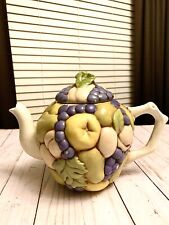 Vintage Antique Italian 50’s Style Purple Green Ceramic Embossed Fruit Teapot picture