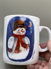 1997 Elaine Thompson Snowman & Moon Winter/ Holiday Ceramic Coffee Mug/Cup 10oz picture