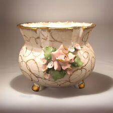 Vintage Lefton Hand Painted Footed Floral Planter Vase Gold Trim Ruffled Edge picture