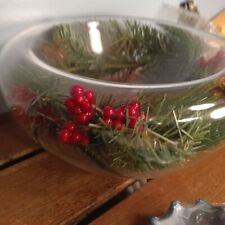 Vintage Evergreen Garland Glass Bowl, Holly Floating Candles, Christmas, 10
