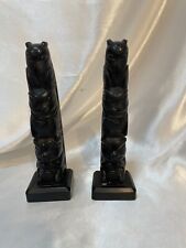 Vintage Totem Pole Set 2 Figurine Raven Bear Beaver Black Stone Canada 6.5” picture