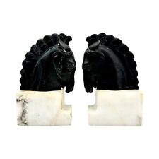 Antique Italian Alabaster Black & White Marble Base Carved Horse Head Bookends picture