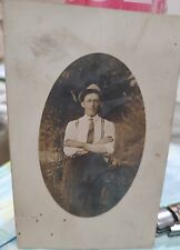 Rppc Man Wearing Suspenders, Hat, Tie c1910 Unposted Postcard Standing In Field  picture