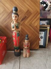 Vintage Thai Sawasdee Lady Woman Welcome Statue Figurine Hand Carved Wood Lot Of picture
