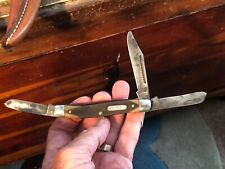 Vtg Schrade NY USA 80T Old Timer Sawcut Hndls 3-Bld Pocket Knife Brass LinerRvet picture