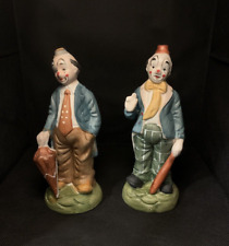 Vintage Set Of 2 Clowns With Baseball Bat And Umbrella 8” picture