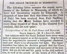 1857 newspaper SIOUX INDIAN WAR on IOWA / MINNESOTA BORDER Spirit Lake Massacre picture