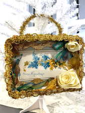 Antique 1911 Victorian Postcard Ornament OOAK Handmade Blue Spring Flowers Gold picture