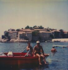 #044 Bikini Woman & Shirtless Man on Speedboat Beach PHOTO INSTANT COLOR VTG ORG picture
