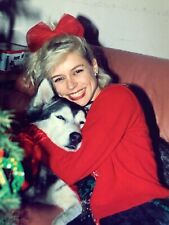AVB) Found Photo Photograph Beautiful Blonde Woman Hugging Dog Christmas picture