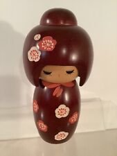 Japanese Kokeshi Wood Doll 5 1/2” Dark Red Big Hair Girl Figure picture