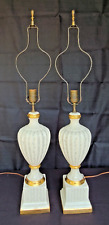 Pair Vintage White Gold Porcelain Ceramic Lamp Light Column Pillar Finial 1950s picture