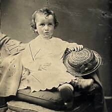 Antique Tintype Photograph Adorable Baby With Straw Hat Hidden Mother picture