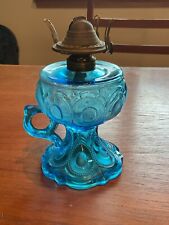 Antique U.S. Glass Co. Peacock Feather (Beaded Tear Drop) Blue Finger Oil Lamp picture