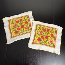 Vintage 60s/1960s Set of 2 Kitchen Washcloths Yellow Green Red Flowers picture