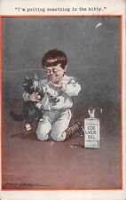 Artist Signed Fred Spurgin Boy Gives Cat Cod Liver Oil Vintage Postcard 1923 picture