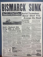 VINTAGE NEWSPAPER HEADLINE~WW2 BRITISH NAVY SINKS BISMARCK 1941 AVENGE THE HOOD picture