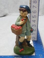 Rare Antique Hand Painted Boy Blue Hat Holding Basket of Apples on Stump Shorts picture