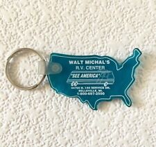 Vintage Keychain WALT MICHAL’S R.V. CENTER Key Ring USA Shaped Fob BELLEVILLE MI picture
