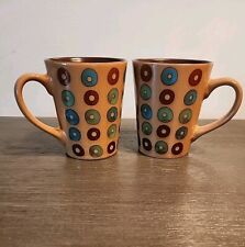 Mr. Coffee Ceramic Donut Coffee Mugs Brown Green Blue Set/2 EUC picture