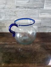 Vintage Hand Blown Mexican Glass Bola Water Pitcher Cobalt Blue Handle & Rim  picture