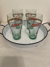 Vintage Set Of 4 Green Coca Cola Bells And Holly Glasses picture