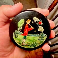 VTG Vintage Russian Hand Painted Lacquer Wooden Folklore Trinket Box USSR Flute picture