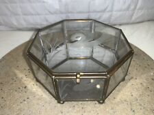 1977 Beautiful Vintage Etched Swan Glass / Brass Mirrored Hexagon Trinket Box picture