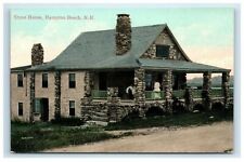 c. 1910 Hampton Beach NH Stone House People Sitting Porch Hand Colored Blue Sky picture
