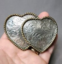 Vintage Montana Silversmiths Tooled Hearts Silver Plated Western Belt Buckle picture