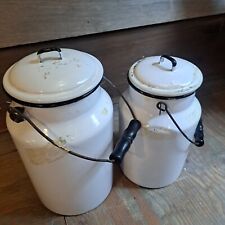 2 Antique Cream Cans With Lids, White And Black With Wooden Carry Handle picture