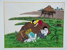 ASIAN CHINESE PAINTING 3 CHILDREN RESTING WITH COW SIGNED ORIGINAL ORIENTAL ART picture