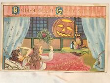 Antique Halloween  Postcard 1923 Two Girls In Bed JOL Owl in Room 1 Cent Stamp picture