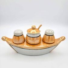 Peach Lusterware Porcelain Salt, Pepper, & Jam Jar w/ Spoon Gondola Boat picture