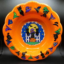 Vintage Berman Halloween Black Witch Cat on a Fence Large Plastic Candy Bowl picture