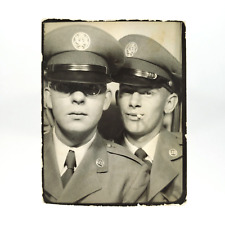 Affectionate Air Force Men Photobooth Snapshot 1940s WW2 Smoking Soldier A4284 picture