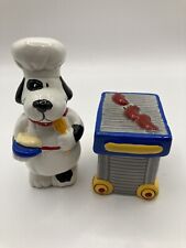 Vintage Russ Dog in Chef Hat & Hot Dog Grill Salt & Pepper Shaker Set w/ Plugs picture
