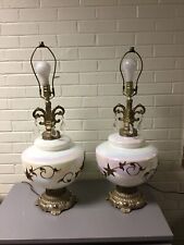 ANTIQUE PAIR EF EF OPALINE GLASS BRASS GOLD FILAGREE CRYSTAL PRISM LARGE LAMPS picture