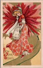 Vintage Winsch Schmucker HAPPY NEW YEAR Postcard Pretty Lady Fashion Poinsettia picture