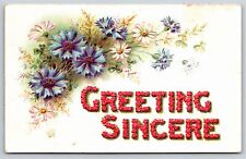 Greetings~Purple & Pink Flowers Greetings Sincere Red Flowers~Vintage Postcard picture